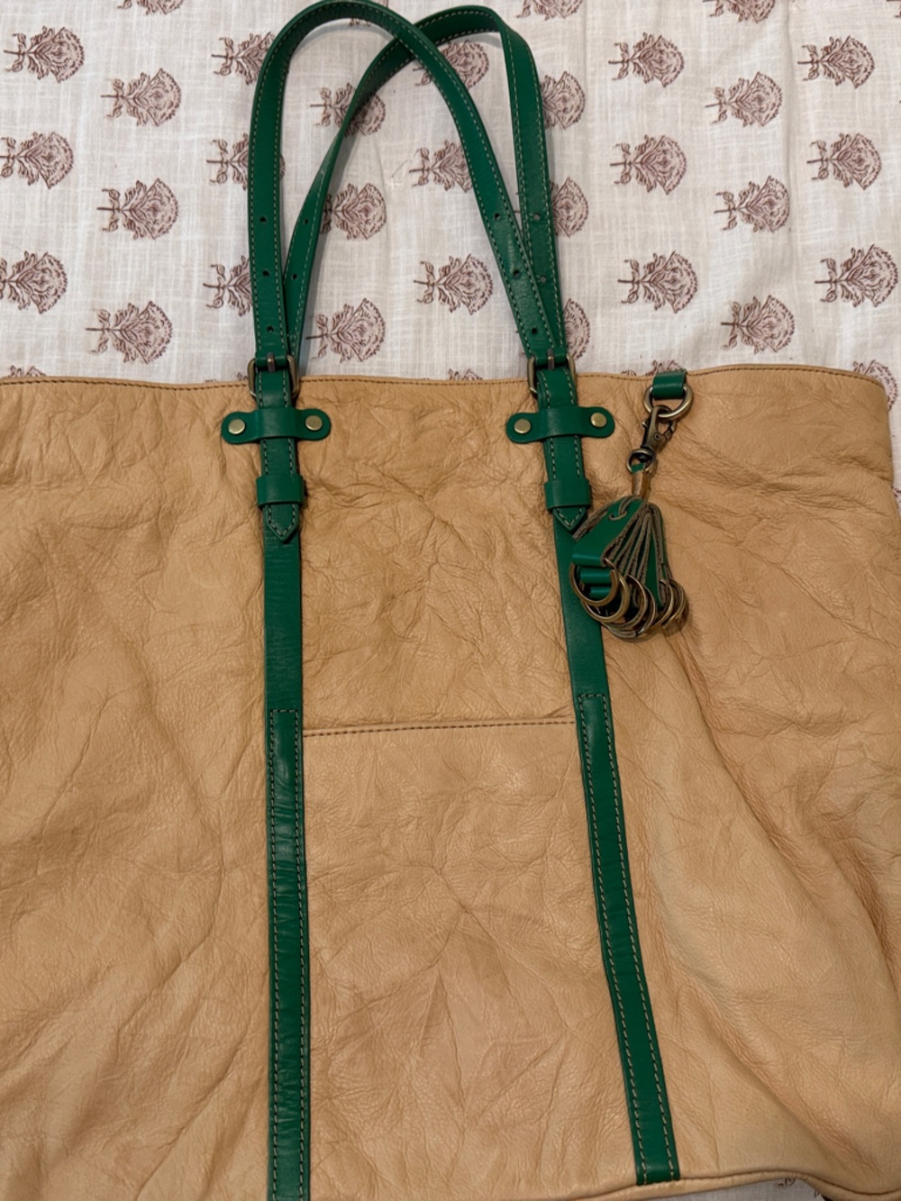 Pilcro Tan Tote with Green Straps and Tassel Anthropologie